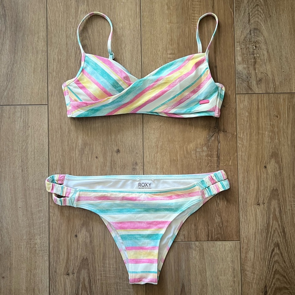 Roxy Multicolor Pastel Striped Bikini Two Piece Swimwear Small